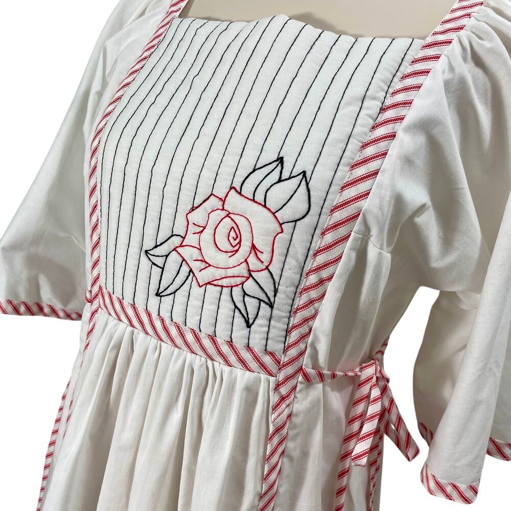 Vintage 70s Peasant House Dress Retro Rose White/Red Striped Trim Medium USA - Picture 4 of 12